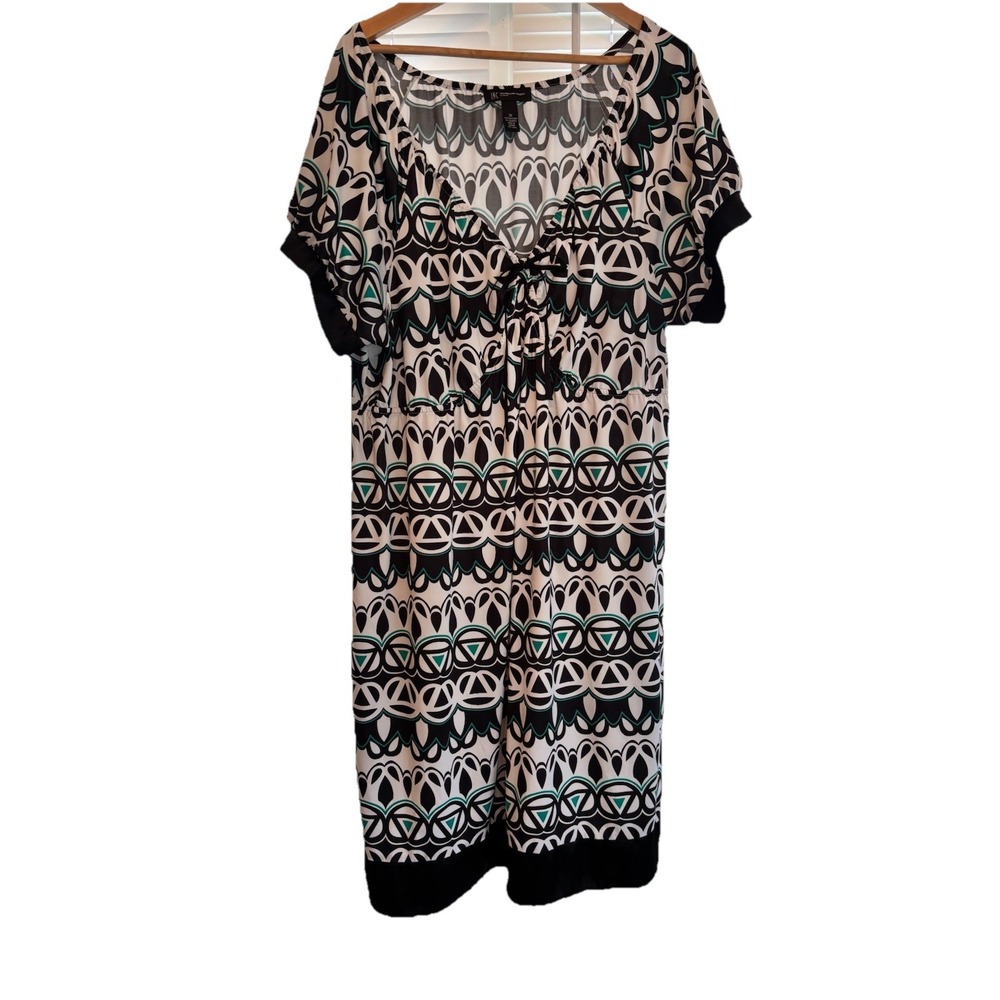 INC International Concepts 3X  Black White Print Dress Deep V-Neck Satin Trim‎